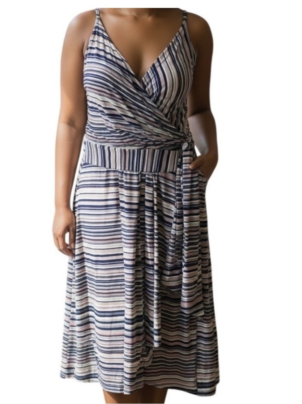 White House Black Market Navy, Purple, Pink and White Striped Wrap Midi Dress